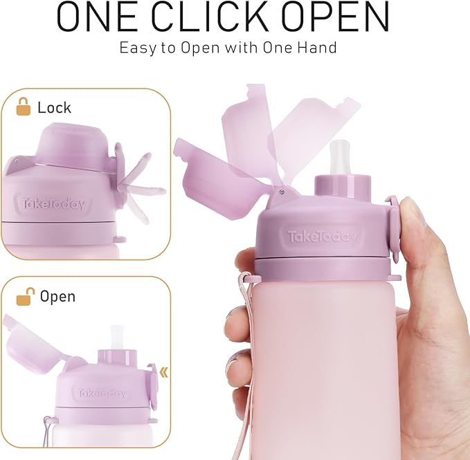 TakeToday Collapsible Water Bottles 20oz, Leak Proof, BPA-Free, Foldable Silicone Travel Water Bottle with Straw Strap for Cycling, Hiking, Outdoors