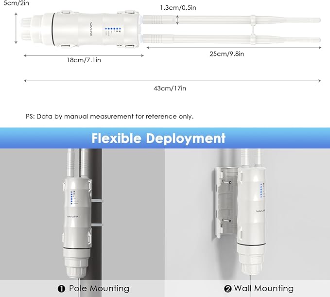 WAVLINK AC600 Outdoor Long Range Weatherproof WiFi Extender/Wireless Access Point with Passive POE, Dual Band 5G+2.4G, 2x7dBi Omni Directional Antennas,Supports Router/AP/Repeater/WISP Modes