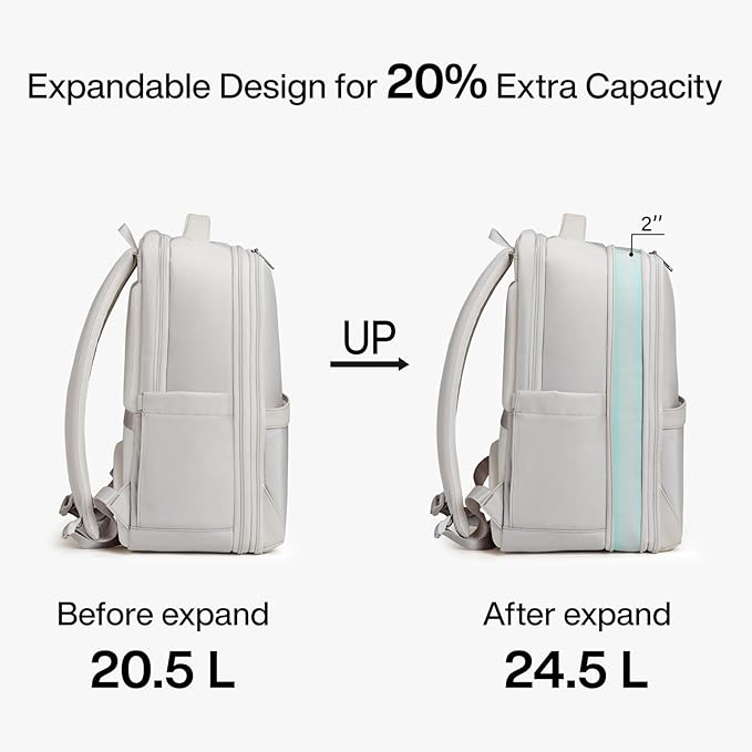 Hanke Expandable Travel Backpack 16 Inch, Full-Open Laptop Backpack Fits 15.6 Inch, Carry On Personal Item Bag with Luggage Strap, Business Work Backpack for Women Men, Greyish White
