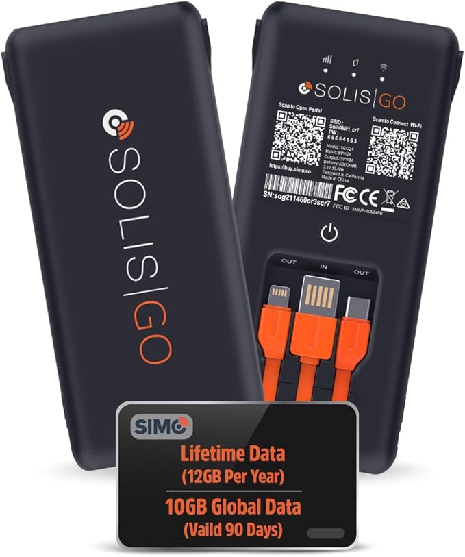 SIMO Solis Go – 4G LTE Hotspot and Power Bank | Includes Lifetime Data (12GB Per Year) and 10GB Global Data | Multi-Carrier | Internet in 140+ Countries | No Contract | Mobile Wi-Fi for Travel