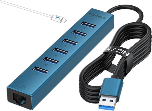7 Ports USB 3.0 Hub, USB to Network HUB with 3.9ft Long Cable for Laptop, USB Splitter with Gigabit Ethernet Port and 5V/3A Power Port, MultiPort Aluminum Hub for iMac, PC, Flash Drives (Blue)