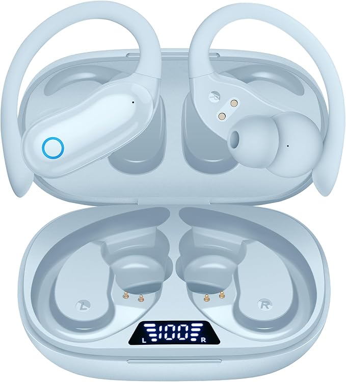 GNMN Ear Buds Wireless Earbuds 96hrs Playback Bluetooth Headphones IPX7 Waterproof Stereo Bass Over-Ear Earphones with Earhooks Microphone LED Battery Display for Sports Workout