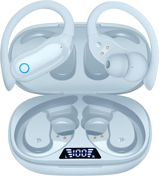 GNMN Ear Buds Wireless Earbuds 96hrs Playback Bluetooth Headphones IPX7 Waterproof Stereo Bass Over-Ear Earphones with Earhooks Microphone LED Battery Display for Sports Workout