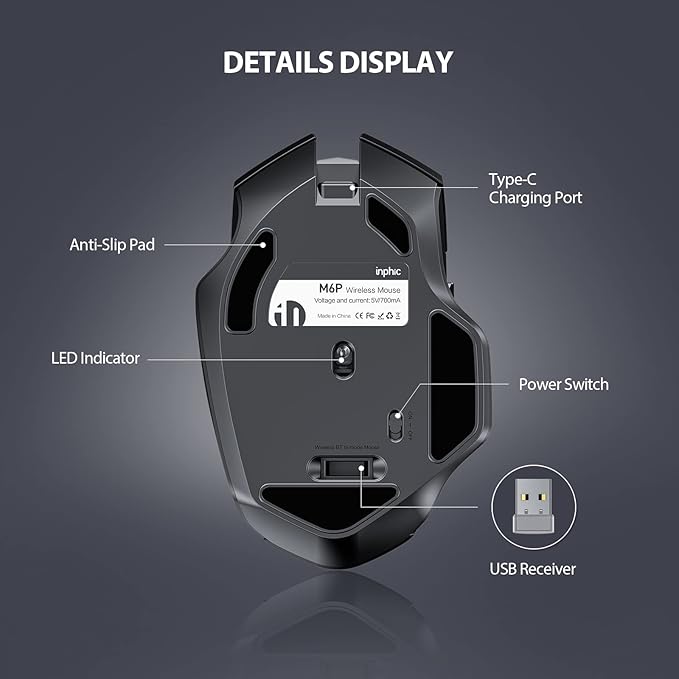 INPHIC Wireless Mouse Rechargeable, Battery Visible, 2400 DPI, 6 Buttons, Ergonomic Large Mouse for Laptop, Computer, Mac, PC etc.