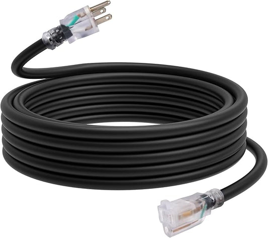 EP 25 Ft Outdoor Extension Cord, 12/3 SJTW Heavy Duty Waterproof Power Cable, 3 Prong Grounded Plug, Lighted End, for Lawn, Garden, Appliances, Black