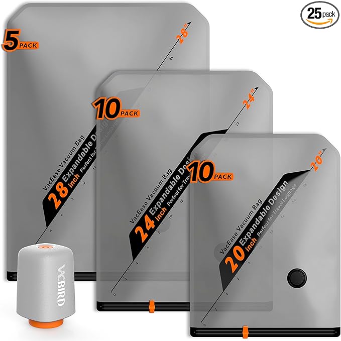 Rechargeable Wireless Pump Travel Storage Bags Set - 25 Pack Portable Space Saver Bags for Travel & Home - Vacuum Compression Packing Seal for Clothes, Blankets, Seasonal Storage