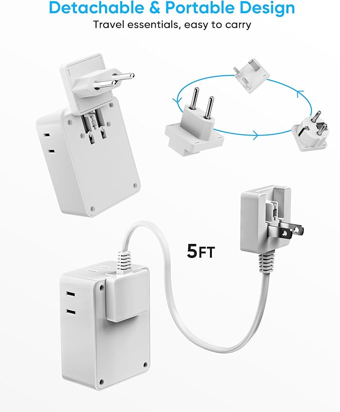 European Travel Plug Adapter, 5ft Detachable Extension Cord with Type C/G/E/F Plug Kit, 4 AC Outlets, 4 USB Ports (2 USB C), UK Germay France Greece Travel Plug Adapter