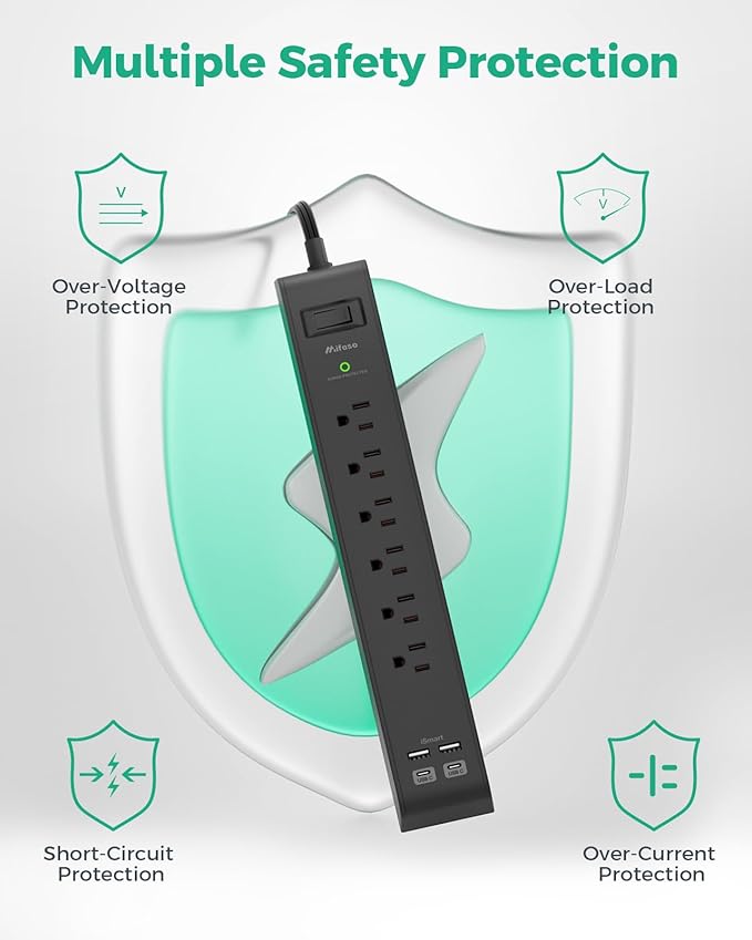 2 Pack Surge Protector Power Strip with 6 Outlets 4 USB Ports (2 USB C) 20-Foot Extension Cord Flat Plug 900 Joules 15A Circuit Breaker Wall Mount Desk USB Charging Station for Home Office