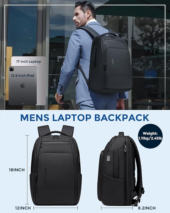 17 Inch Travel Laptop Backpack, Water Resistant Expandable Men's Computer Backpack for Men, Black Laptop Bag with USB Port for Business/Work/College