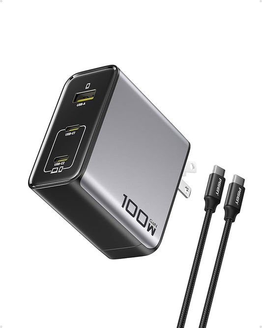 PISEN 100W USB C Charger - 3-Port 100W GaN USB C Charging Block Fast Charging, 100Watt Charging Block with 6FT Type C Cable, 100Watt Wall Charger for MacBook, iPad, iPhone, Samsung, Google Pixelbook