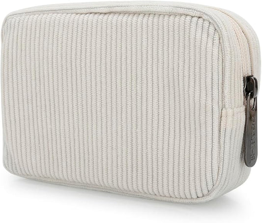E-Tree Cute Small Makeup Bag,Cosmetic Toiletry Make up Little Items Pouch for Purse,Zipper Mini Tech Charger Cable Electronic Organizer Case,Travel Accessories for Women Men Teen,White Corduroy