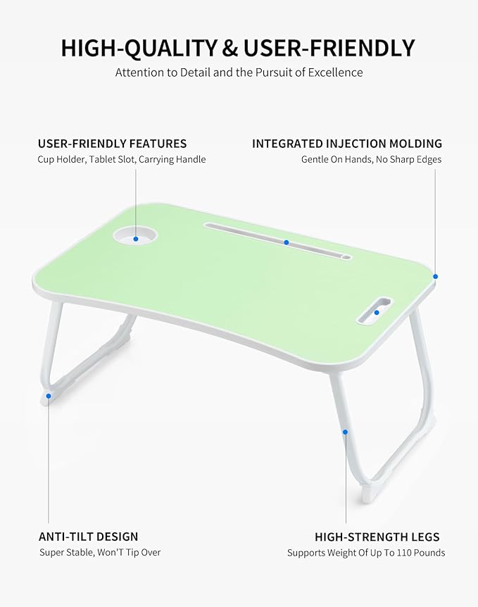 Laptop Bed Desk, Foldable Lap Table, Portable Study Table, Laptop Stand with Cup Holder & Tablet Slot & Lifting Handle for Working Writing Drawing & Eating - Green