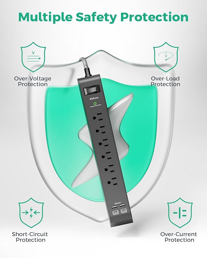 25FT Surge Protector Power Strip - 2 Pack Extension Cord with 6 Outlets 4 USB Ports, Flat Plug, 900 Joules, 15A Circuit Breaker, Wall Mount for Home Office, Dorm Essentials