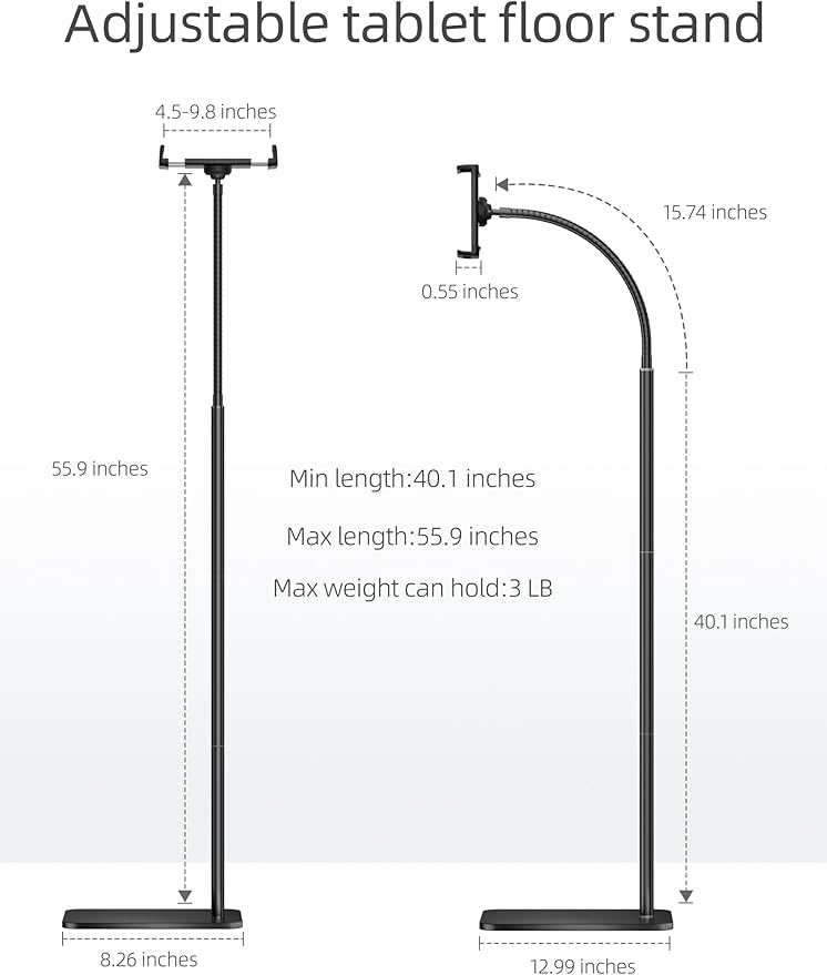 iPad Stand, Adjustable Tablet Floor Stand Metal Tablet Holder with Flexible Gooseneck, Compatible with iPad, Kindle, and Cell Phones (4.7''-13''), Ideal for Hands-Free Use