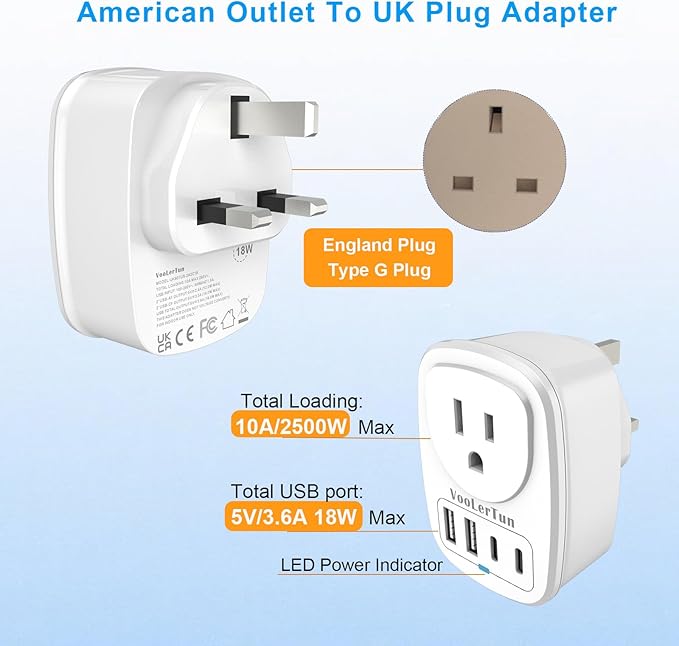 Type G-UK Plug Adapter, VooLerTun England Travel Adapter with 4 USB Ports (2 USB C),1 American Outlet Adapter. US Converter to Ireland Scotland Dubai Hong Kong Travel Essential