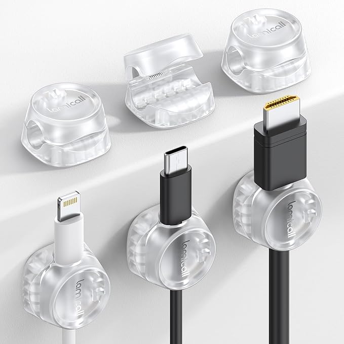 6Pack Cord Organizer, Office Desk Accessories - Lamicall Clear Cable Management Clips, Home Workspace Organization Accessories, Nightstand Wire Keeper Desk Decor, Dorm Room Essentials Desktop Gadgets