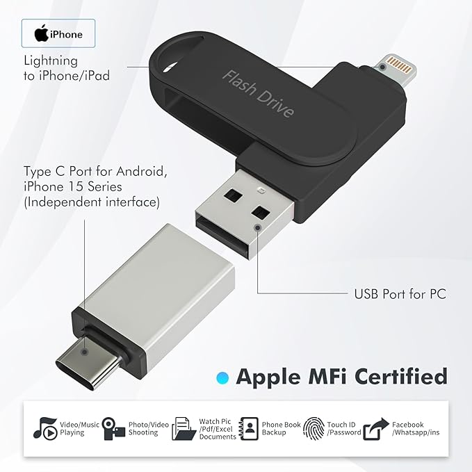 Apple MFi Certified Flash Drive 512GB, Photo Stick for iPhone Memory Stick for Photo/Video Backup Stick, High-Speed USB Thumb Drive for iPhone Storage Compatible for iPhone/iPad/Android/PC (Black)