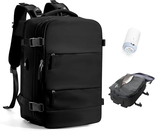 Vacuum Travel Backpack with Pump Women,Personal Item Carry on Backpacks Flight Approved 18x14x8 inches Men,Laptop Waterproof Work Compression bags Casual Daypack Mochila de Viaje Compresion al Black