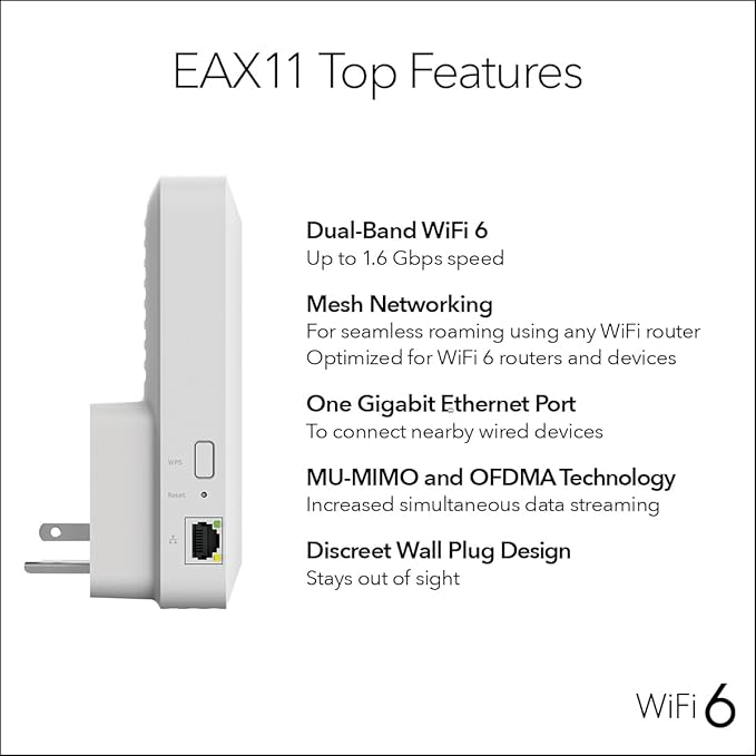 NETGEAR WiFi 6 Mesh Range Extender (EAX11) - Add up to 1,200 sq. ft. and up to 15 Devices with AX1600 Dual-Band Wireless Signal Booster & Repeater (up to 1.6 Gbps Speed), WPA3 Security, Smart Roaming
