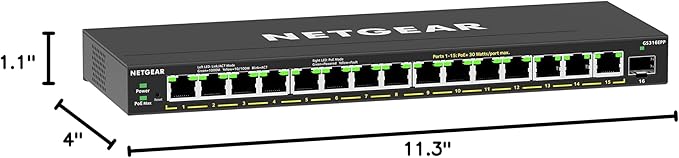 NETGEAR 16-Port PoE Gigabit Ethernet Easy Smart Managed Essentials Switch (GS316EPP) - Managed, with 15 x PoE+ @ 231W, 1 x 1G SFP Port, Desktop or Wall Mount