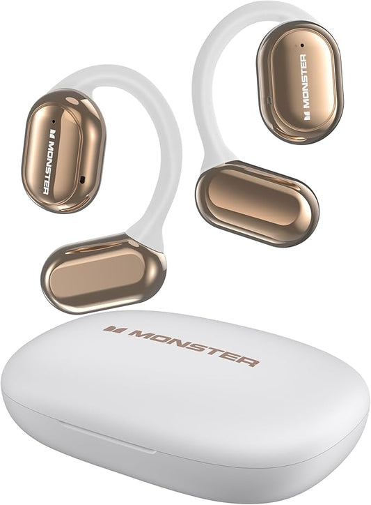 Monster Open Free AC100 Open Ear Headphones, Bluetooth 5.3 Wireless Headphones with Earhooks,Immersive Stereo Sound by Dual Large Driver, Clear Talk, 30H Playtime,Waterproof Earbuds for Running, White