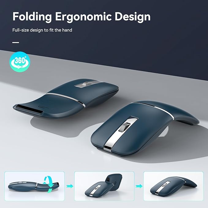 Bluetooth Wireless Arc Travel Mouse, Dual Model (2.4G+BT5.1) Rotating Foldable Mouse for Microsoft, Rechargeable Slim Portable Mice for Laptop, Notebook, PC, MacBook, Chromebook - Sapphire Blue