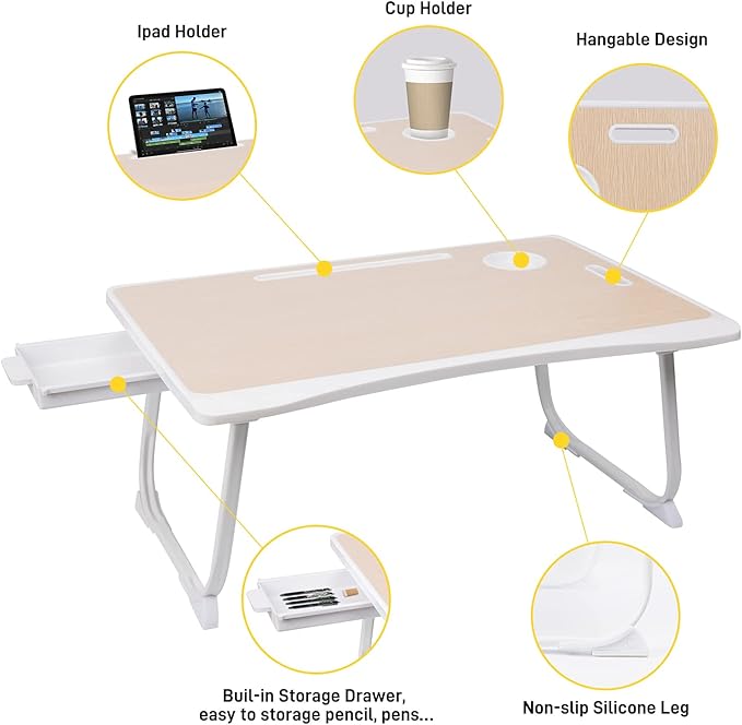 Amaredom Laptop Bed Desk Tray Bed Table, Foldable Portable Lap Desk Notebook Stand Reading Holder with Storage Drawer and Cup Holder for Eating Breakfast on Bed/Couch/Sofa-White Oak