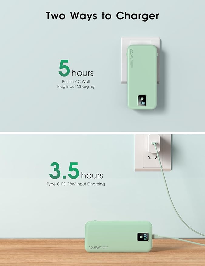 Portable Power Bank, 12000mAh 22.5W Fast Charging Phone Charger with Built-in Cables & Wall Plug, Travel Essential Battery Pack with LED Display, USB C Battery Charging Bank for iPhone, Samsung Green