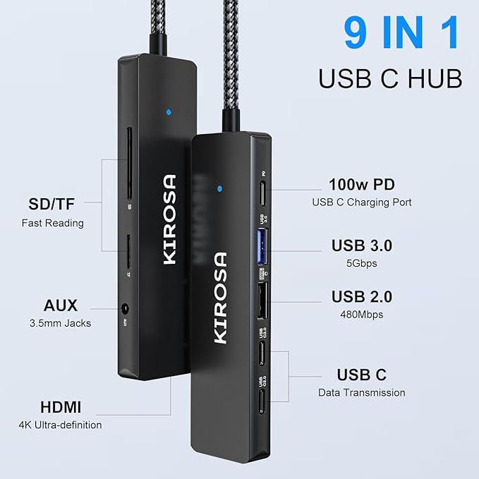 KIROSA USB-C Hub, 5 Ports USB 3.0, 4K HDMI, DisplayPort, USB Type-C Adapter