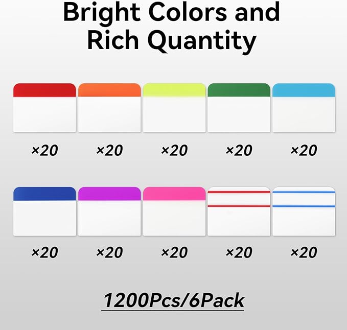 1200 Pieces Tabs 2 Inch Sticky Index Tabs, Colored Page Markers Repositionable Divider Tabs for Notebooks, Binder, File Folders, Books (60 Sets 10 Colors)