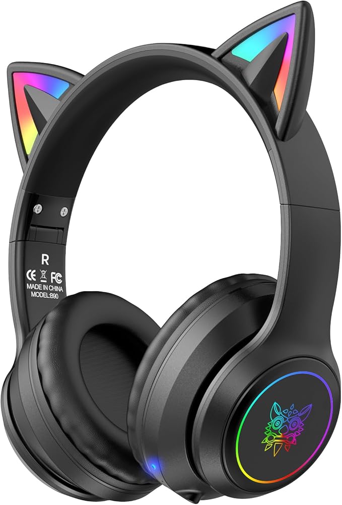 Cat Ear Bluetooth Headphones for Kids & Adults, 55H Play Time, Wireless Foldable & Wired Multi-Function LED Light Up Over Ear Headphones with Mic and Volume Control for iPhone/iPad/Laptop/PC