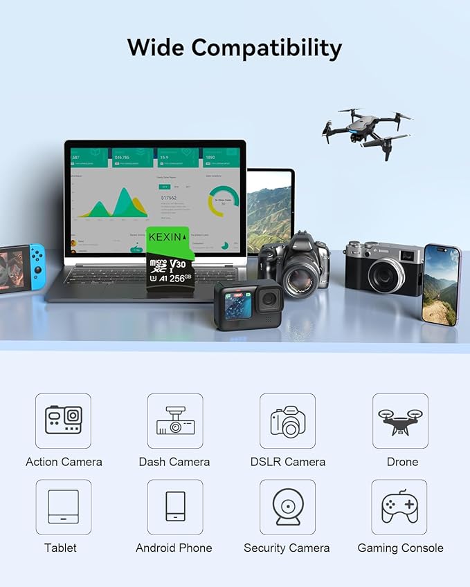 KEXIN 256GB Micro SD Card with SD Adapter microSDXC Memory Card UHS-I A1 V30 U3 Micro SD Card Full HD High Speed TF Card for Smartphone Tablet Action Camera Dash Cam Drone Game Console