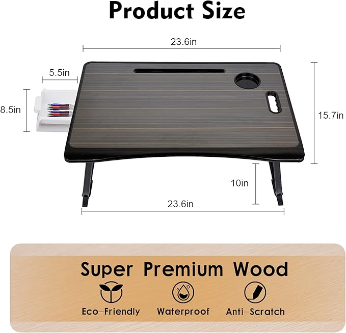 Amaredom Laptop Bed Desk Tray Bed Table, Foldable Portable Lap Desk with Storage Drawer and Cup Holder for Eating Breakfast on Bed/Couch/Sofa-Black