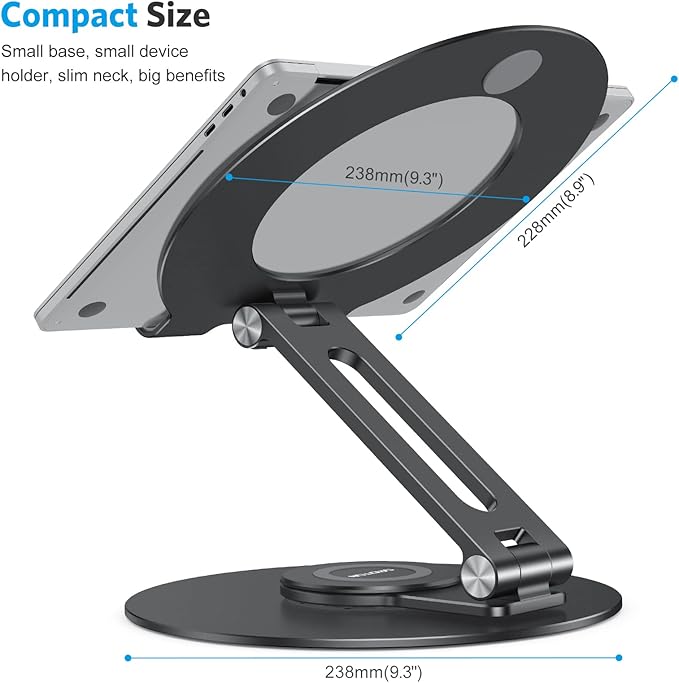 OMOTON Adjustable Laptop Stand with 360 Rotating Base, Ergonomic Laptop Riser for Collaborative Work, Dual Rotary Shaft Fully Foldable for Easy Storage, Fits All Laptops up to 16 inches, Black