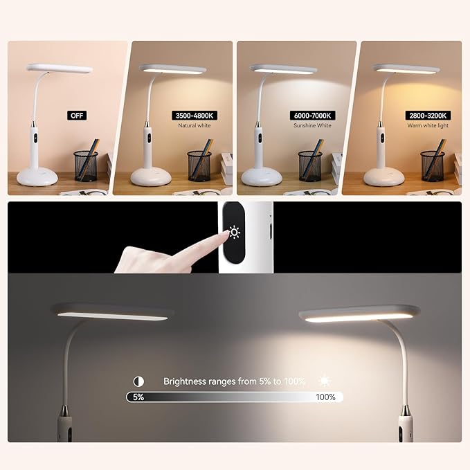 VAVOFO LED Desk Lamp 6778B - Touch Control, Adjustable 2700-7000K Color Temperature, 700 Lumens, 360° Flexible Gooseneck, USB-C Charging, 2.5hrs Cordless, Eye-Caring Light (White)