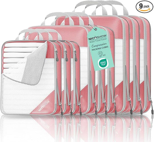 9 Set Compression Packing Cubes for Travel - Compressible, Lightweight, and Space-Saving Packing Cubes, Travel Essentials for Women, Pink