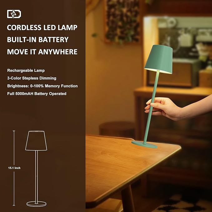 Kakanuo Green Cordless Table Lamps, Rechargeable Lamp, Battery Operated Lamps, Touch Control Table Lamps, 3 Color Temperature, Stepless Dimmable, LED Portable Wireless Battery Lamp, Set of 2