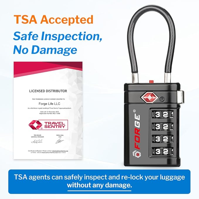 Forge TSA Approved Luggage Locks 4 Digit Combination TSA Travel Locks with TSA008, Open Alert Indicator, Zinc Alloy Body for Luggage, Suitcase, Backpack, and More. 1 Black Lock.