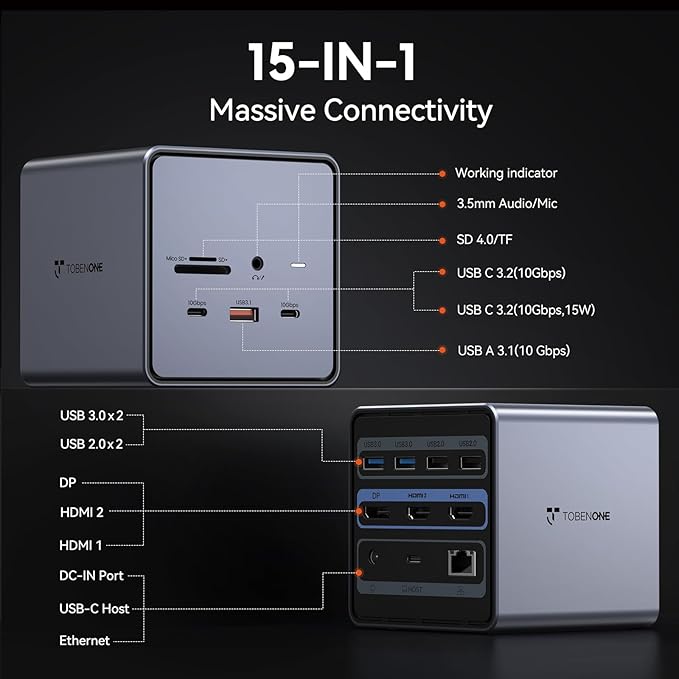 TobenONE USB C Docking Station Dual/Triple Monitors with 150W Power Adapter for Dell/HP/Lenovo/Surface/Asus/Chromebook, 2 HDMI, DP, 5 USB, Ethernet, SD 4.0/Micro SD
