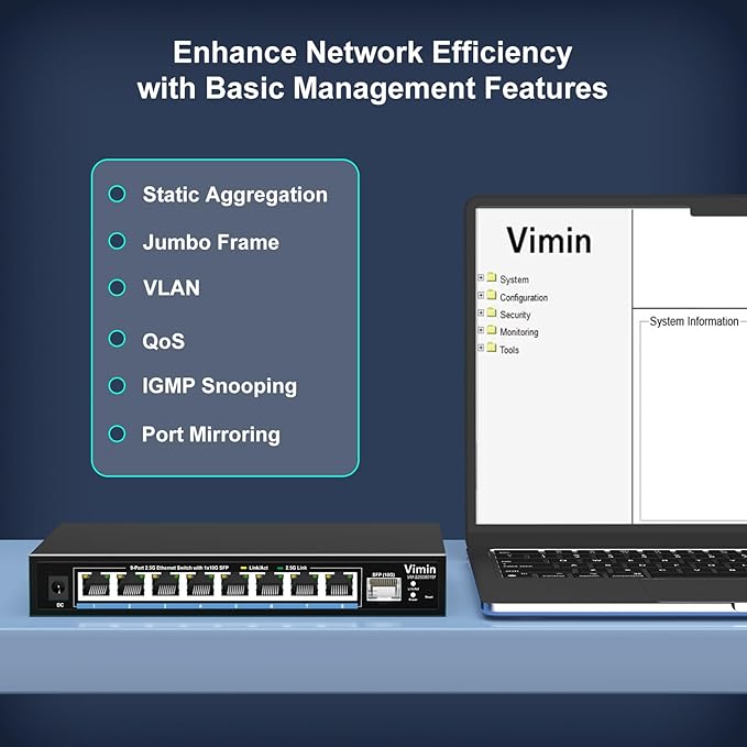 8 Port 2.5G Web Managed Ethernet Switch with 10G SFP, VIMIN 9 Port 2.5G Smart Network Switch Managed 60Gbps Switching Capacity, Support Vlan/QoS/IGMP/Static Aggregation, Desktop/Wall-Mount, Fanless