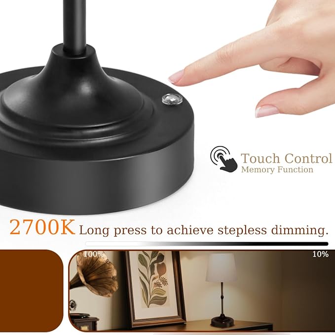 Cordless Lamp, Rechargeable Battery-Operated Lamp with Fabric Lampshades, 2 Pack Dimmable Desk Lamps for Kitchen, Bedroom, Living Room, Nightstand, Balcony, Home Décor (Black)