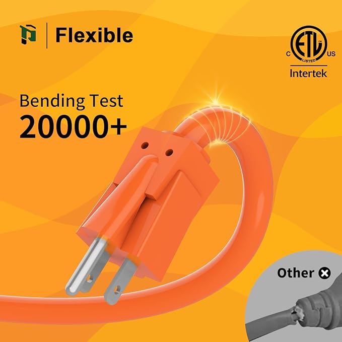 PLUGTUL 25 FT 12/3 Outdoor Extension Cord Waterproof, Heavy Duty 12 Gauge SJTW Extension Cord, 15A 1875W, ETL Listed, Great for Garden and Home, Orange