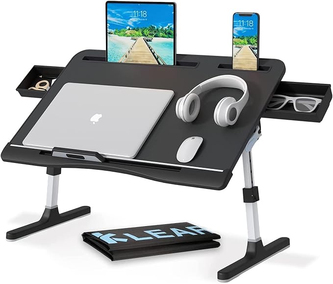 Laptop Desk for Bed, Lap Desks Trays with Double Storage Drawers, Adjustable Premium Leather Laptop Stand with Extra Drawstring Bag, Foldable Lap Table for Eating, Working, Writing and Drawing