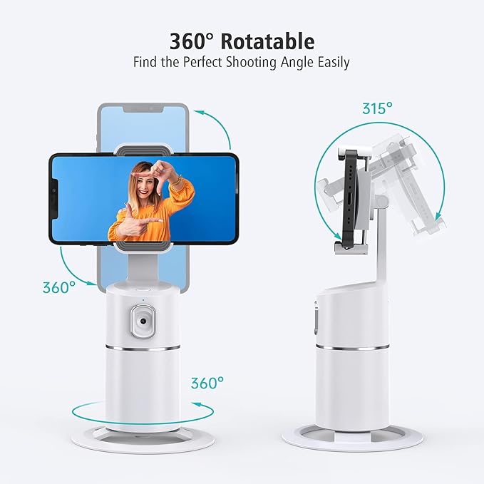 Auto Face Tracking Phone Holder, No App Required, 360° Rotation Face Body Phone Tracking Tripod Smart Shooting Camera Mount for Live Vlog Streaming Video, Rechargeable Battery-White