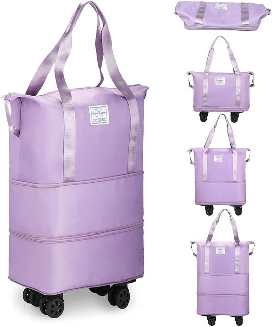 VOOWO Rolling Duffle Bag, Expandable Foldable Carry On, Large Weekend Bag with Spinner Wheels, 28-58L, Purple