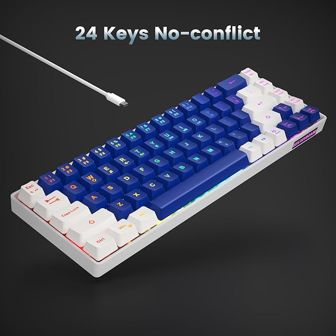 65% Gaming Keyboard, LED Backlit Mini Wired Keyboard, Ultra-Compact Anti-Ghosting No-Conflict 68 Keys Membrane Gaming Wired Keyboard for PC Laptop Windows Gamer(Blue-White)