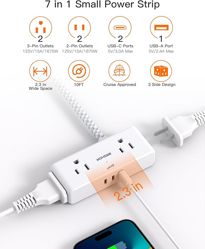 Extension Cord 10 ft, BESHON Flat Plug Power Strip, 4 Widely Outlets with 3 USB Ports (2 USB C), Extension Cord with Multiple Outlets for Home, Office, Dorm Room Essentials