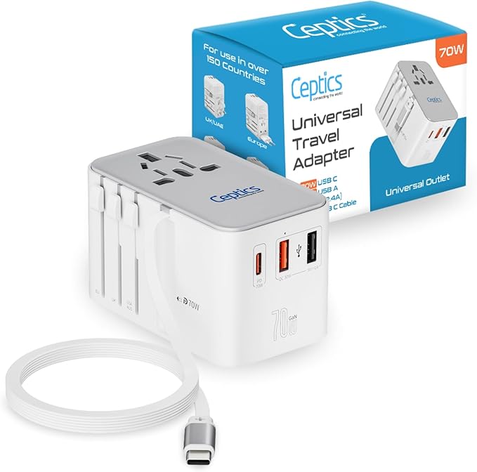 Ceptics GAN 70W Universal Travel Adapter with 65cm Retractable USB-C Cable, 2X USB-A (1x QC 3.0), 1x Type C Port (PD 70W), Universal Power Adapter with Type A, C, G, I Output