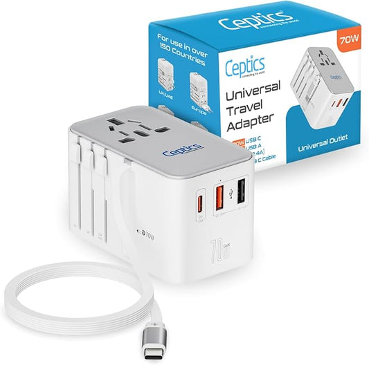 Ceptics GAN 70W Universal Travel Adapter with 65cm Retractable USB-C Cable, 2X USB-A (1x QC 3.0), 1x Type C Port (PD 70W), Universal Power Adapter with Type A, C, G, I Output