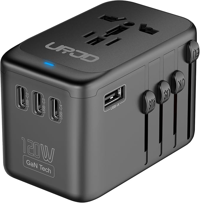 Universal Travel Adapter, 120W GaN International Power Plug Adapter, 5 USB Ports and 1 AC Outlet, All-in-One Travel Charger for 200+Countries, Fast Charging All USB & Dual Voltage Devices